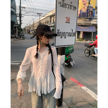ເສື້ອຢືດ chiffon ສີຂາວ pleated ແອວຝຣັ່ງ ruffled ສໍາລັບແມ່ຍິງ