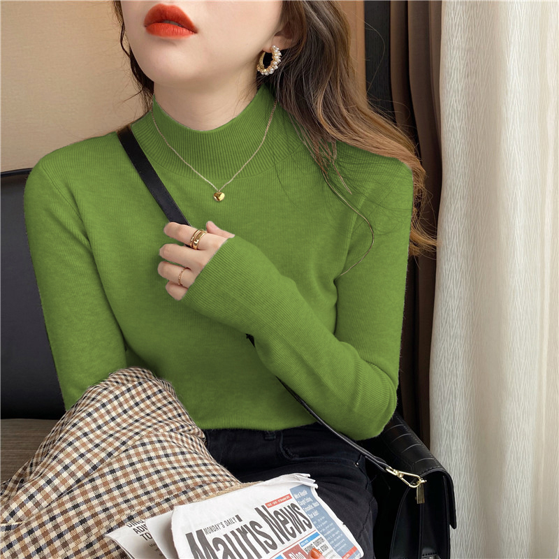 Spring Knit Base Shirt for Women, Autumn and Winter Thick Sweater, Half Turtleneck, Long Sleeves, Avocado Green, Plus Size Trendy Top