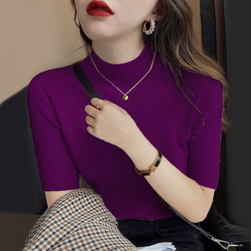 Quarter-Sleeve Knit Sweater, Solid Color Sweater for Women, Spring, Autumn, and Winter European Style Top, French Style, Plus Size, Slim Fit, Mid-Sleeve Base Layer