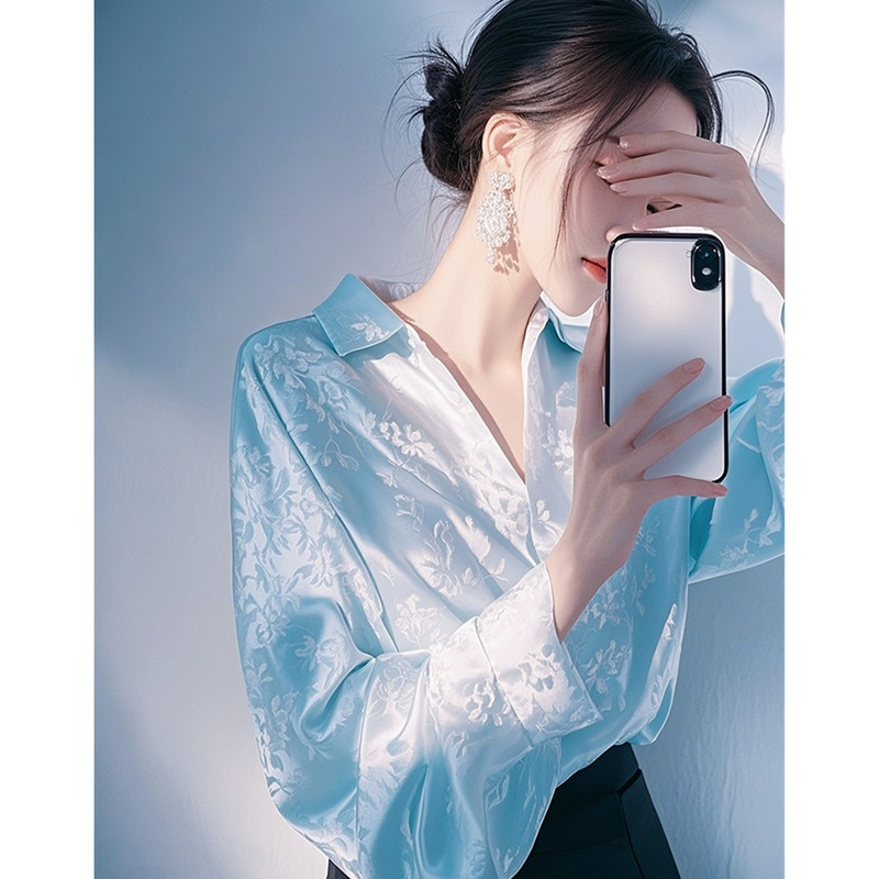 Authentic Gejia New 2026 Spring/Summer Stylish High-End Light Blue Satin Jacquard Shirt for Women, Unique Long-Sleeved Blouse