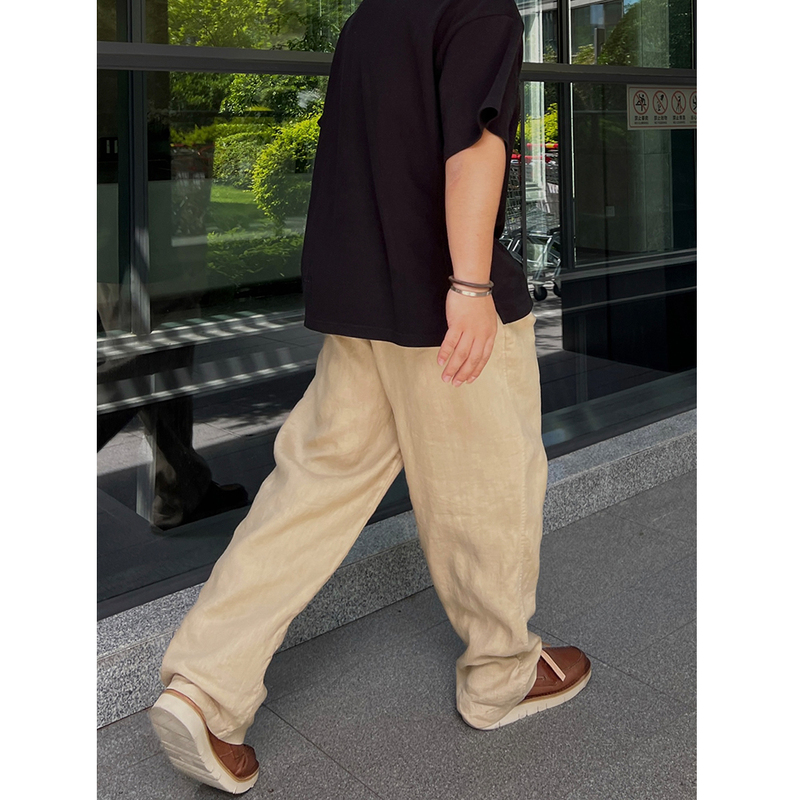 Maltdiary Large Size Loose 100% Linen Casual Pants for Men, Summer Breathable Versatile Elastic Waist