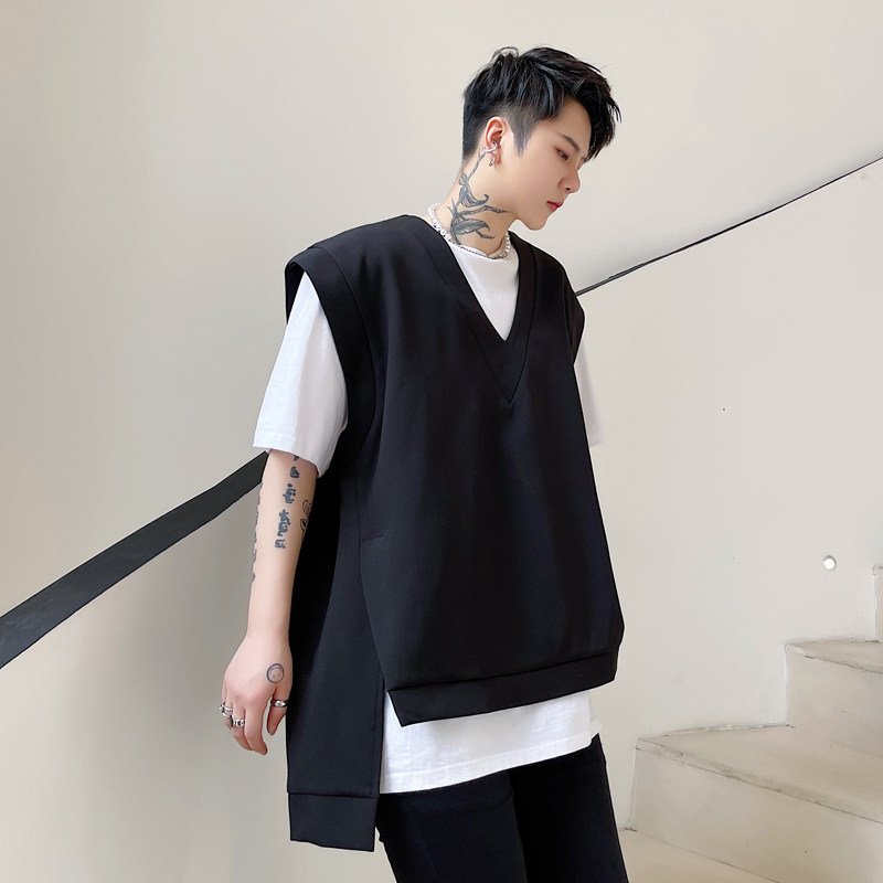 2021春夏装纯色V领前短后长设计男士套头背心马甲 二色KK1615/P70