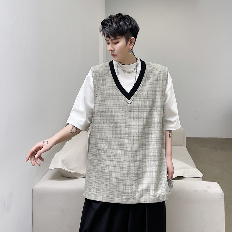 2021春夏款格子撞色螺纹领套头背心男士马甲 二色KK1618/P70