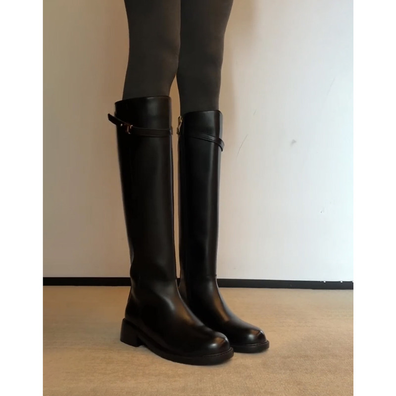 Super Soft Sheepskin ~ Genuine Leather British Style Retro Belt Buckle Knight Boots Women's High Boots Retro Motorcycle Boots Slimming Super Soft Sheepskin ~ Genuine Leather British Style Retro Belt Buckle Knight Boots Women's High Boots Retro Motorcycle Boots Slimming