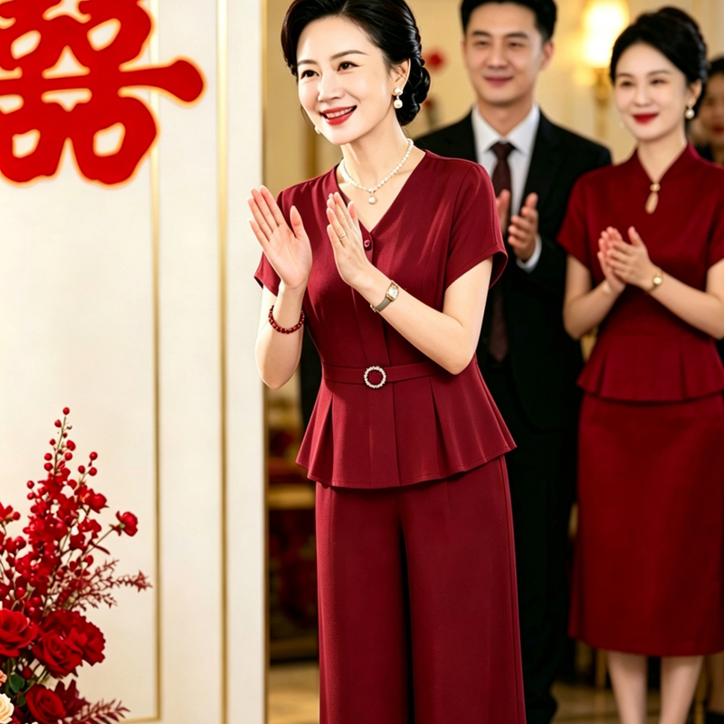 Middle-Aged Mother's Red Pants Suit for Summer 2026, Suitable for the Mother-In-Law's Engagement Banquet, Formal Wear for 50-Year-Olds, Can Be Worn Casually Middle-Aged Mother's Red Pants Suit for Summer 2026, Suitable for the Mother-In-Law's Engagement Banquet, Formal Wear for 50-Year-Olds, Can Be Worn Casually