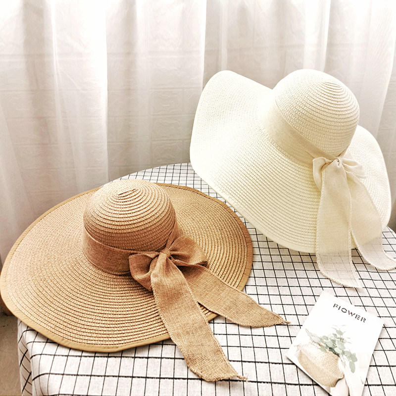 Summer seaside sunscreen Straw Hat Foldable Butterfly Knot Beach Hat Lady Great Along Cap Tourist Holiday Sun Hat