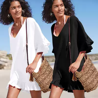 Seaside resort beach skirt sunscreen loose large size bamboo cotton V collar bikini swimsuit blouse women gown
