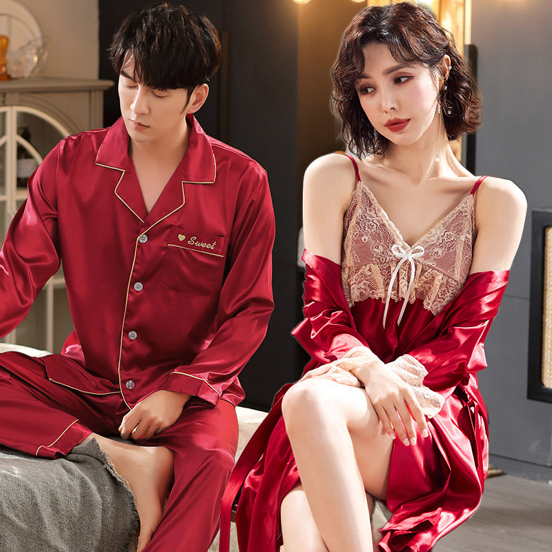 Couple sleepwear High level Sensation Female Sensation Harnesses Sleeping Dresses Sleeping Robes Spring Summer style Ice Silk Men's thin pieces Two suits-Taobao
