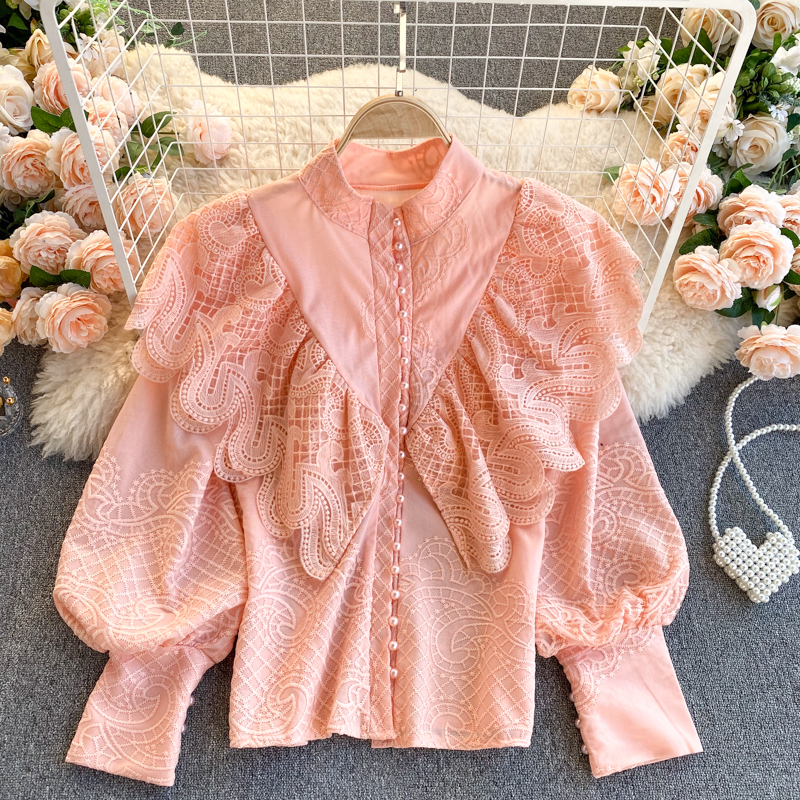 PinkLight luxury Celebrity jacket 2020 new pattern female Gong Tingfeng Retro heavy industry Ruffles Self cultivation Versatile temperament shirt