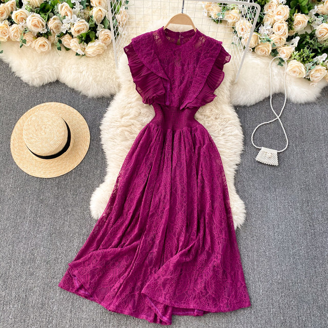 Light mature women's French elegant and feminine French pleated ruffles waist and thin temperament lace dress spring