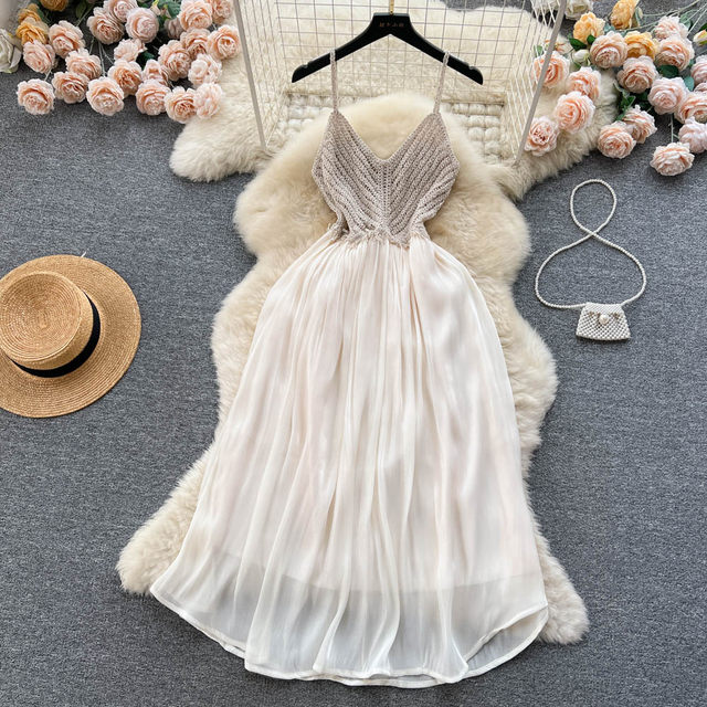 French high-end knitted suspender dress women's summer V-neck stitching waist light luxury retro daughter princess dress