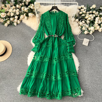 Palace style dress spring women's heavy industry hollow lace splicing slim long French puff sleeve high-end dress