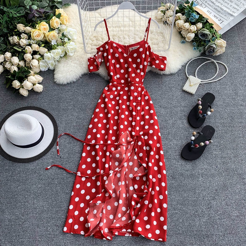 Pháp thích hợp váy retro sóng V-cổ quây dây đeo váy eo không thường xuyên xù váy - Sản phẩm HOT váy babydoll