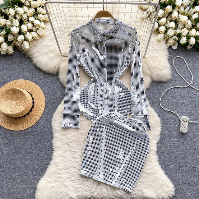 European and American spring suit for women, high-end sequined long-sleeved shirt, versatile hip-hugging skirt, elegant two-piece skirt suit