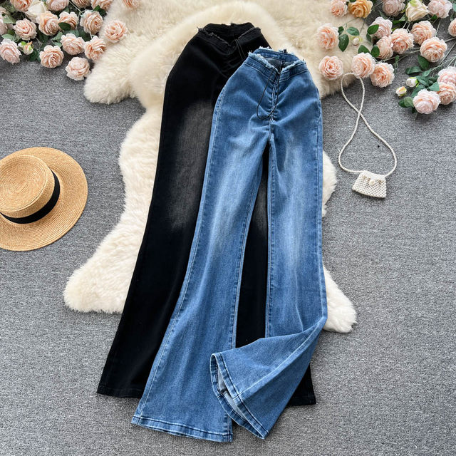 Spring and autumn new Korean version of the raw edge high waist slit jeans female drawstring hot girl all-match design micro flared trousers