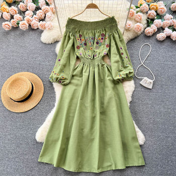 Retro one-neck dress women's spring and summer heavy industry embroidery pleats waist design sense lantern sleeves big swing long skirt