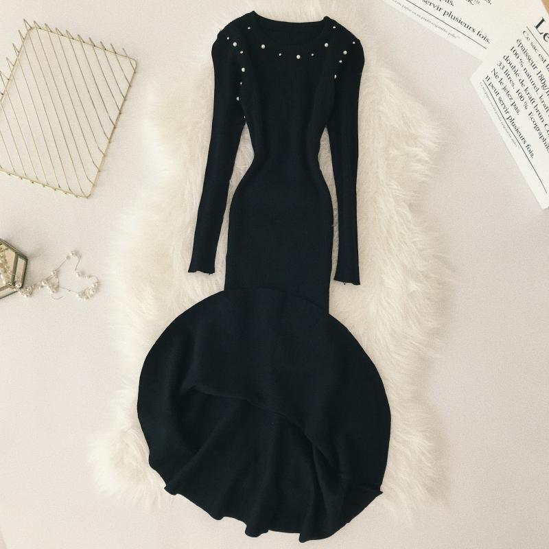 Nữ thần Quạt đáy váy tròn cổ dài tay đính cườm thắt lưng túi giảm béo hông đan váy đuôi cá sang trọng áo dài váy nhún eo