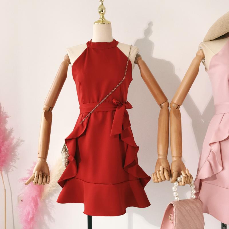 Mùa thu sản phẩm mới một cách cẩn thận tính khí treo cổ quây tay eo không thường xuyên xù đuôi cá váy đầm đầm trắng