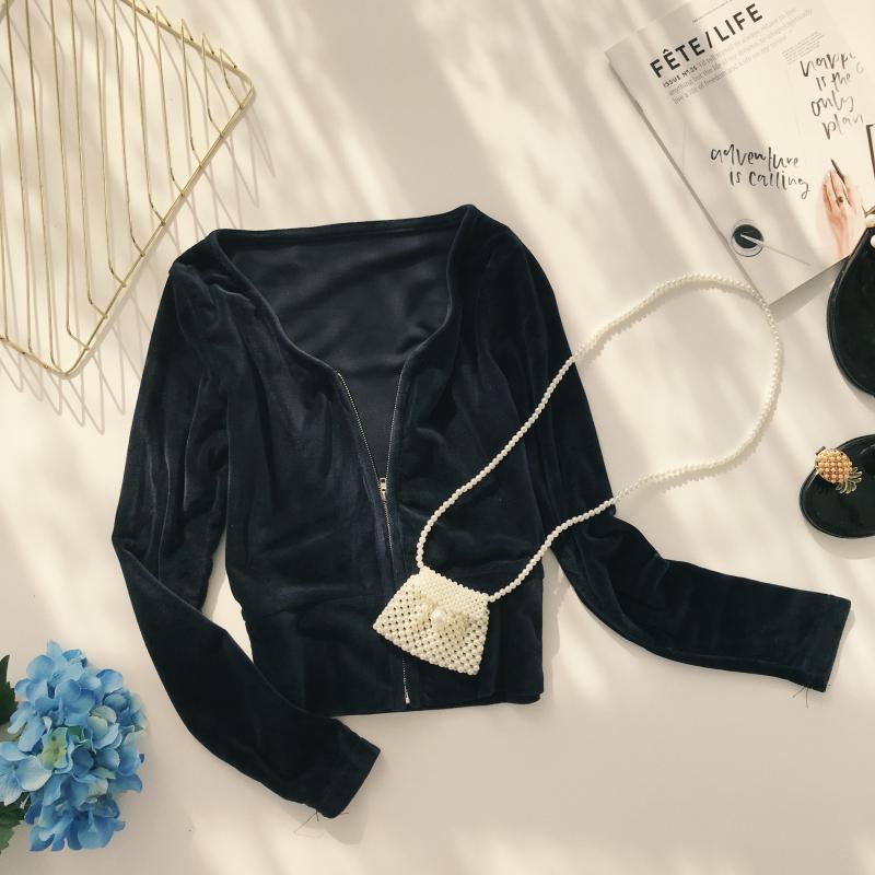 Retro màu giả nước nhung ấm cổ tròn tay áo dài dây kéo áo len nước ngoài nhỏ áo khoác ngắn áo khoác ngắn thoi trang nu