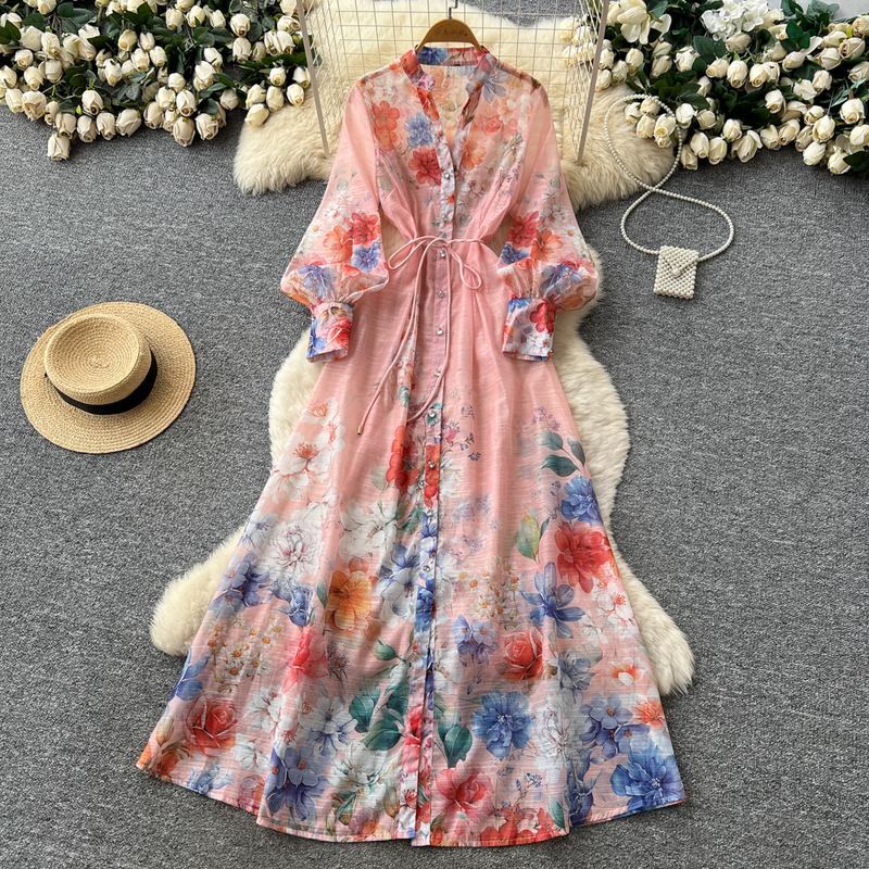 Retro Printed V Neck Puff Sleeve Dress for Women, Summer Strappy Waist-Cinching A-Line Long Skirt, Elegant and Elegant Skirt for Work Clothing