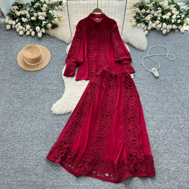 French Court-Style Two-Piece Set for Women, High-End Hollow Lace Patchwork Long-Sleeved Shirt + High-Waisted Flared Skirt French Court-Style Two-Piece Set for Women, High-End Hollow Lace Patchwork Long-Sleeved Shirt + High-Waisted Flared Skirt