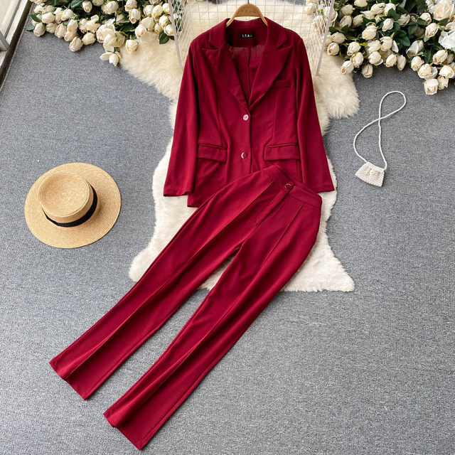 Professional OL suit lapel long-sleeved waist suit loose top + straight slim casual suit pants three-piece suit