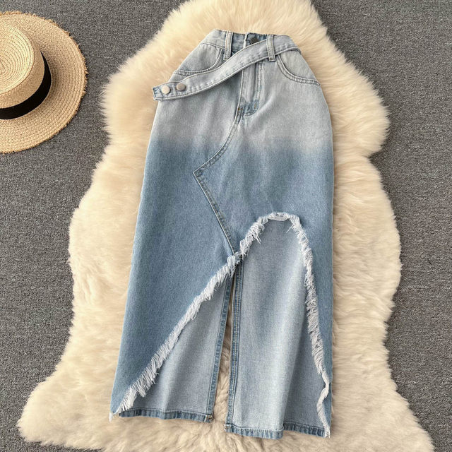 Hong Kong-style retro irregular raw edge denim skirt high waist thin gradient bag hip mid-length split A-line skirt