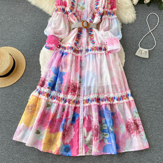 Ethnic style lantern sleeve dress summer women's French style beautiful waist slimming printed temperament A-line long skirt