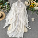 European and American ins shirt female design sense niche pleated ruffles ribbon loose mid-length chiffon dress tide