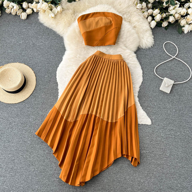 Salt-style girly wear two-piece suit women's summer color contrast tube top top irregular pleated skirt trendy