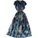 Feminine and ladylike V-neck denim splicing strap waist chiffon print dress elegant swing long skirt