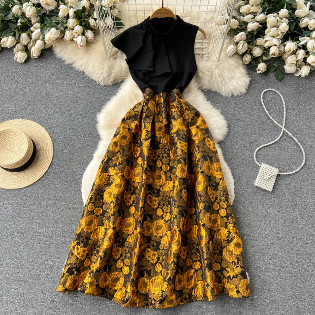 Spring new design sense ruffled sleeveless splicing high waist three-dimensional flower embroidery temperament small fresh dress