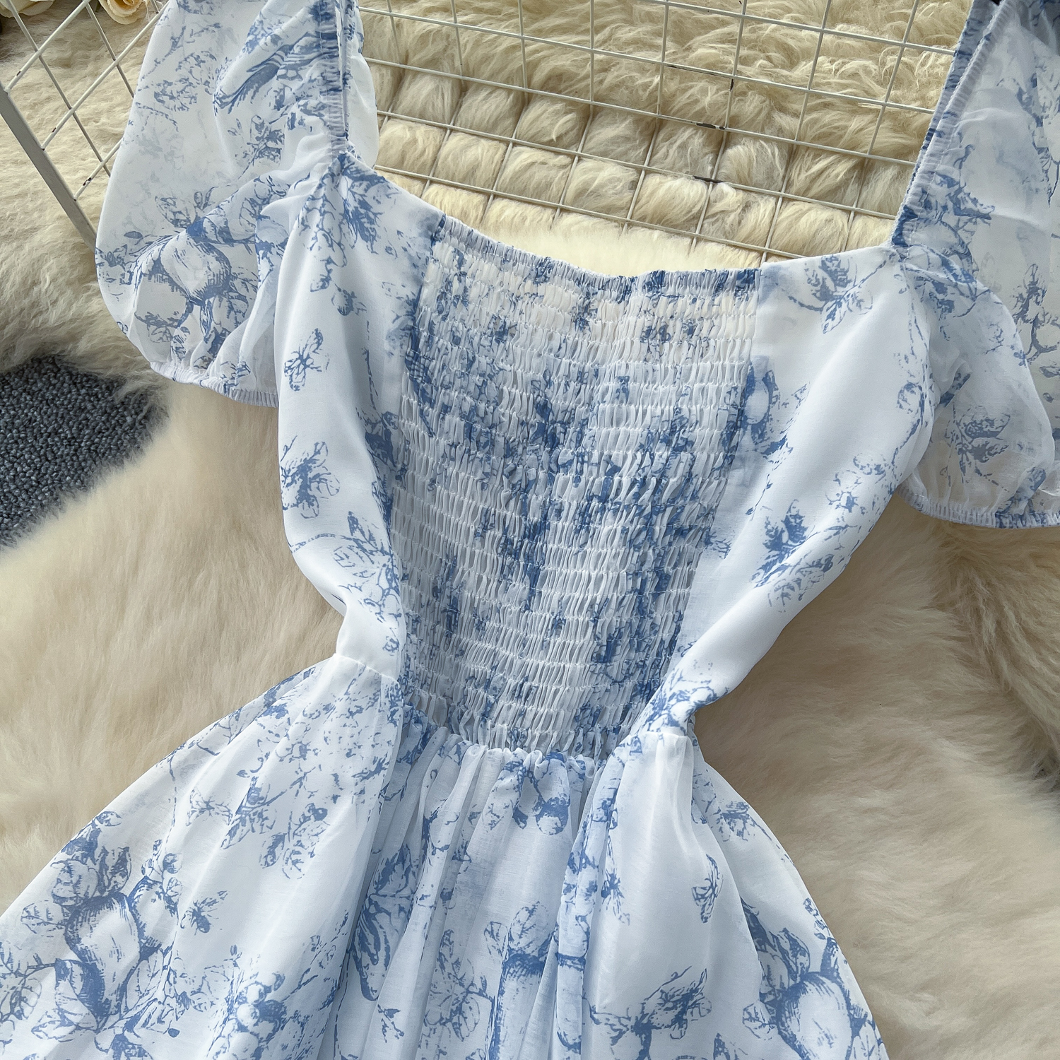 French super fairy style square neck puff sleeves waisted floral dress