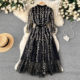 Spring and summer European and American ins style heavy industry embroidery mesh stitching water-soluble lace stand collar mid-length waist waist dress trendy