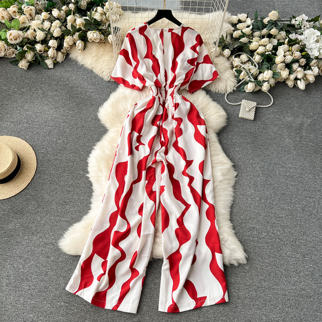 European and American ins resort-style jumpsuits, feminine V-neck waist, slimming and long design, printed straight wide-leg pants