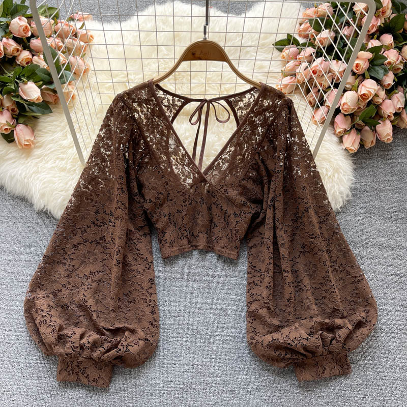 Lace-Up Backless Slimming Short See-Through Lace Blouse, New Autumn Korean Style Trendy Top, Versatile Women's Shirt