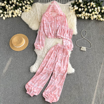 Retro personality tie-dye casual sports suit women's short hooded sweater coat tube top inner trousers three-piece set