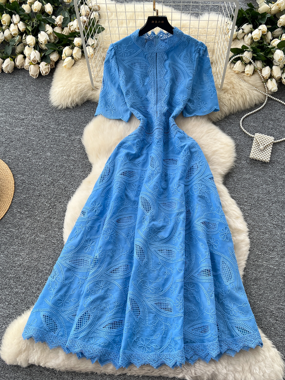 French high-end retro heavy industry embroidered waist short-sleeved dress