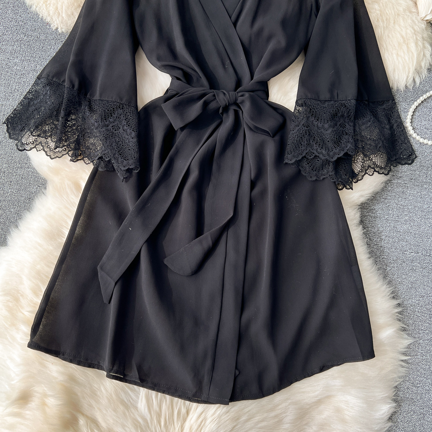 CHILLGIO Sexy Lace Patchwork Women Nightgowns V Neck Sash Nightie Nightwear Club Casual Fashion Loose Transparent Pajamas Dress