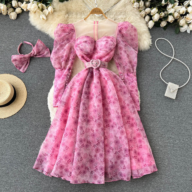 Court style mesh stitching puff sleeve dress 2022 summer women's dress waist slimming beautiful floral dress