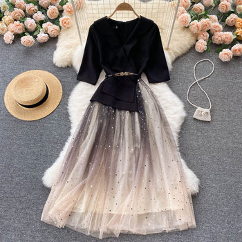 2021 summer new mesh dress women's design sense stitching thin waist mid-length first love fairy skirt