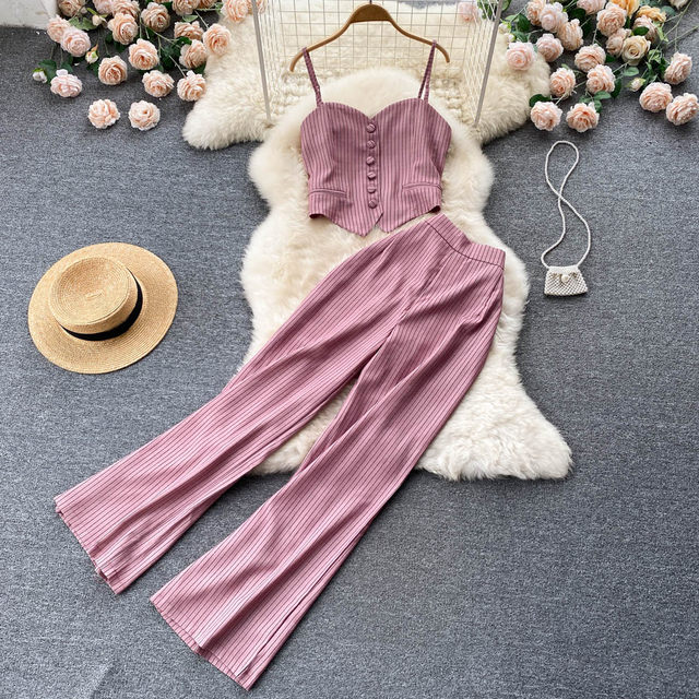 Summer 2022 new women's suit fashion foreign style light familiar tube top striped camisole trousers two-piece set