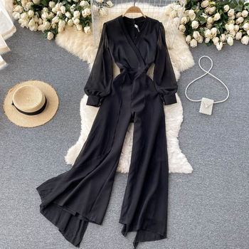 Royal sister light and mature style women's temperament V-neck chic high-end sense jumpsuit high waist slim mesh stitching jumpsuit