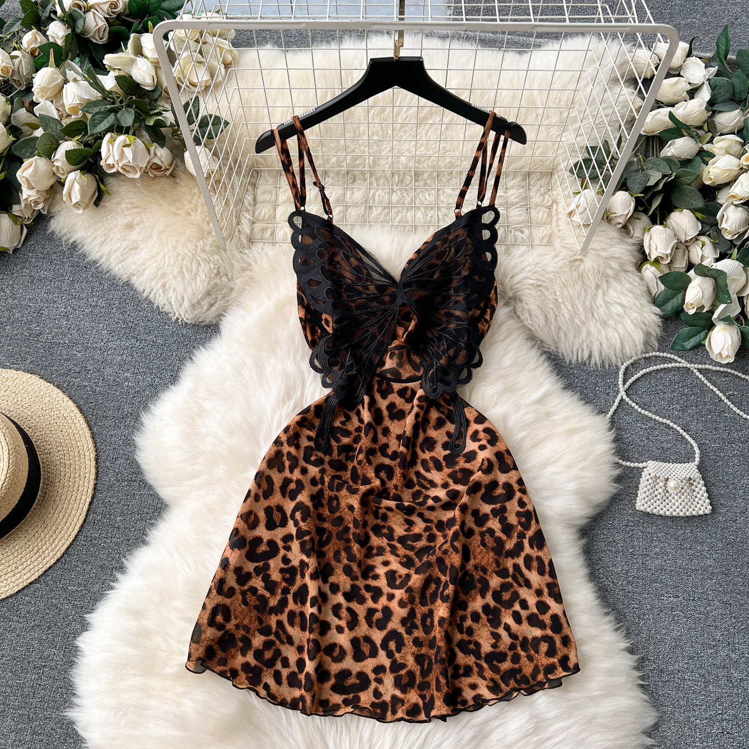 Chillgio Frauen sexy Leopard Spaghetti träger Kleid Sommer Mini Pyjama Nachthemd schiere Mode Schmetterling Swinging Kragen Nachthemden – Detail 4