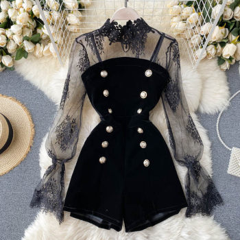 Korean version autumn new light cooked wind mesh lace sexy top women's double-breasted suspenders wide-leg jumpsuit suit