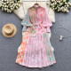 Spring and summer thin French high-end stand-up collar single-breasted lantern long-sleeved lace-up waist-length printed dress