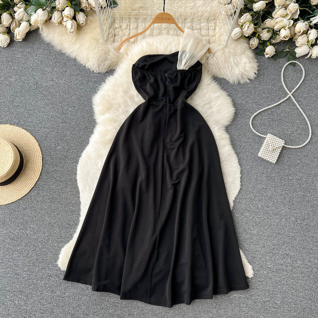 Summer design oblique one shoulder black and white contrast color slim waist A-line princess skirt female tube top evening dress dress