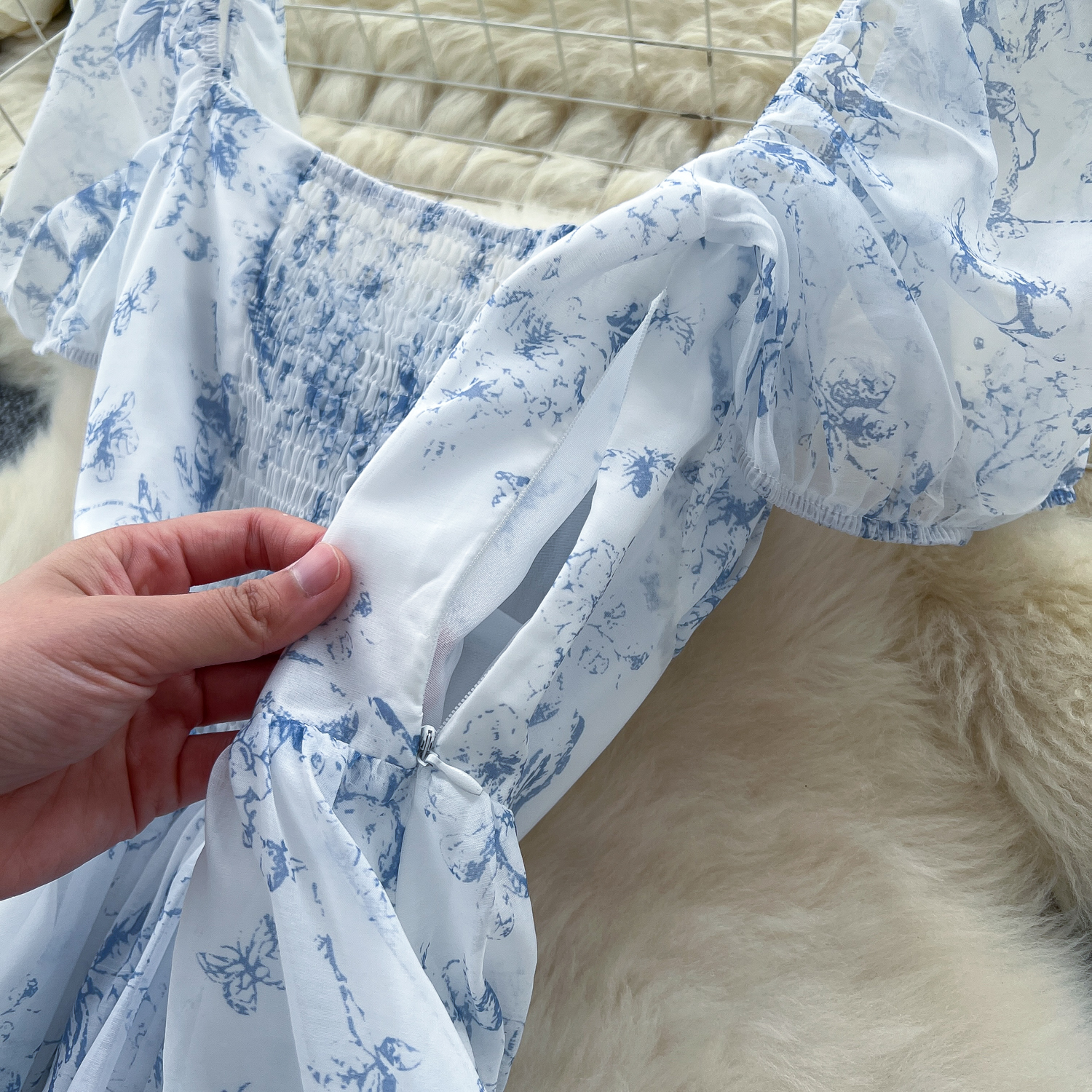 French super fairy style square neck puff sleeves waisted floral dress