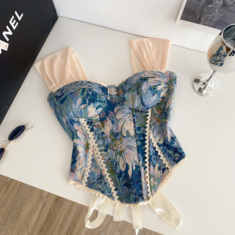 French-Style Retro Lace Patchwork Jacquard Camisole for Women, 2025 Autumn, Tie-Waist, Slim-Fit Tube Top, Trendy French-Style Retro Lace Patchwork Jacquard Camisole for Women, 2025 Autumn, Tie-Waist, Slim-Fit Tube Top, Trendy