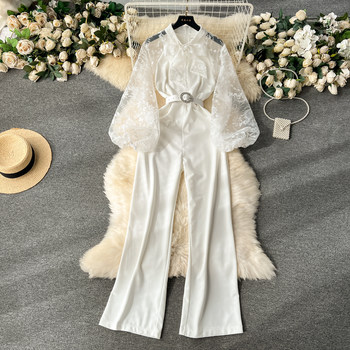 Light luxury palace style puff sleeves, heavy embroidery, bow collar, slim long jumpsuit, women's high-end wide-leg pants